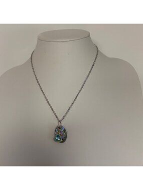 Silver Tone Layered Resin Glitter Pendant Necklace Blue Charm Artsy Playful Chic